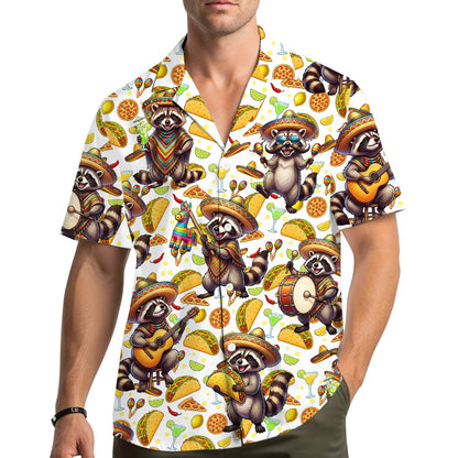 Lifestyle view of a person wearing the white fiesta raccoon Hawaiian shirt