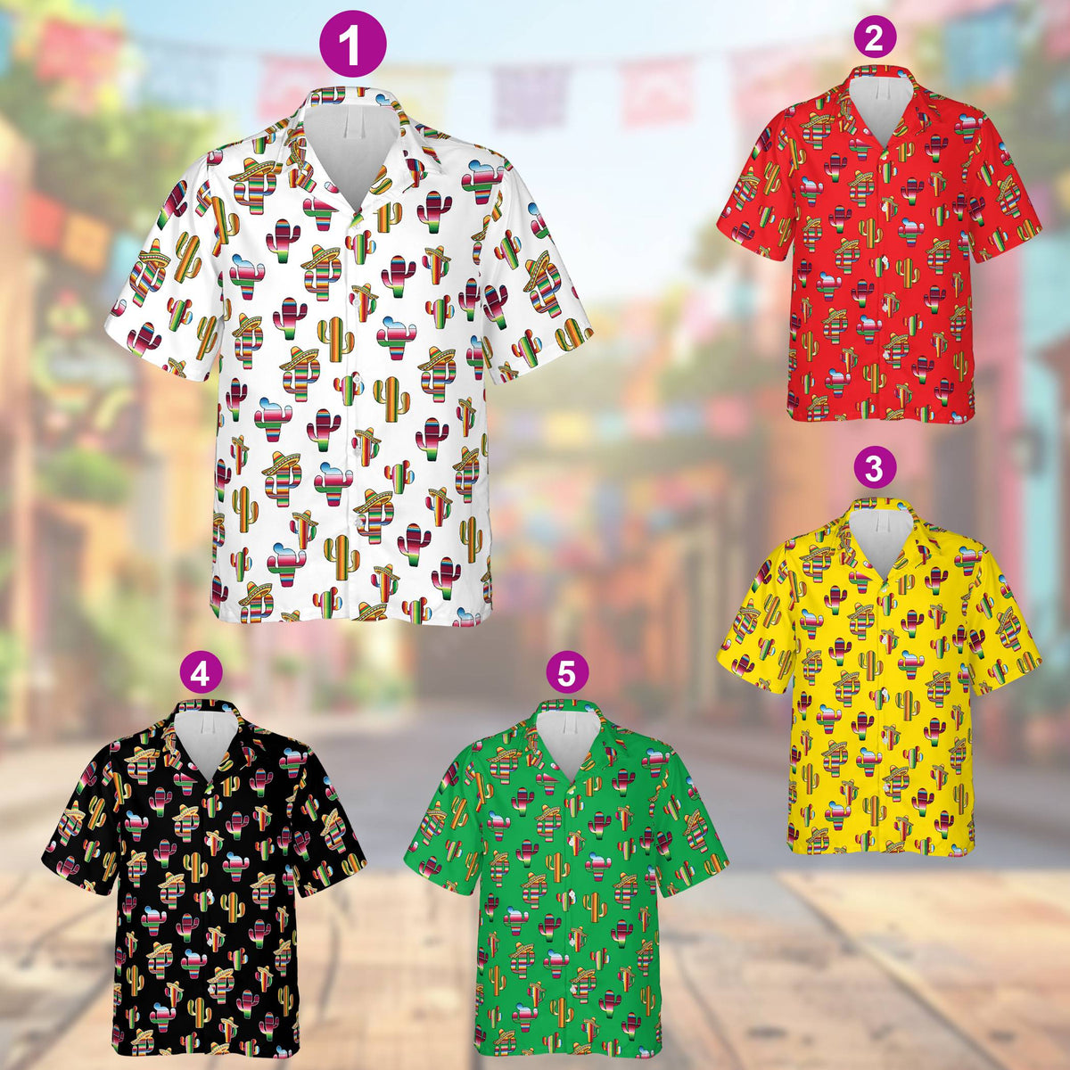 White cinco de mayo hawaiian shirt front view with cactus and sombrero print