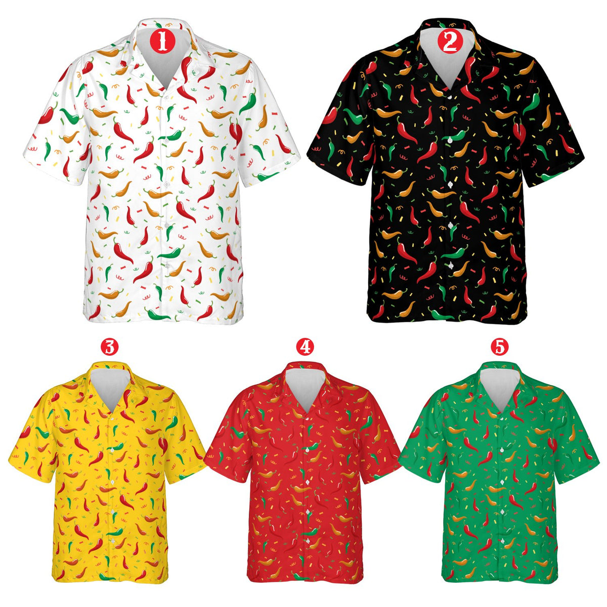 Front view of the cinco de mayo hawaiian shirt displaying chili peppers and confetti