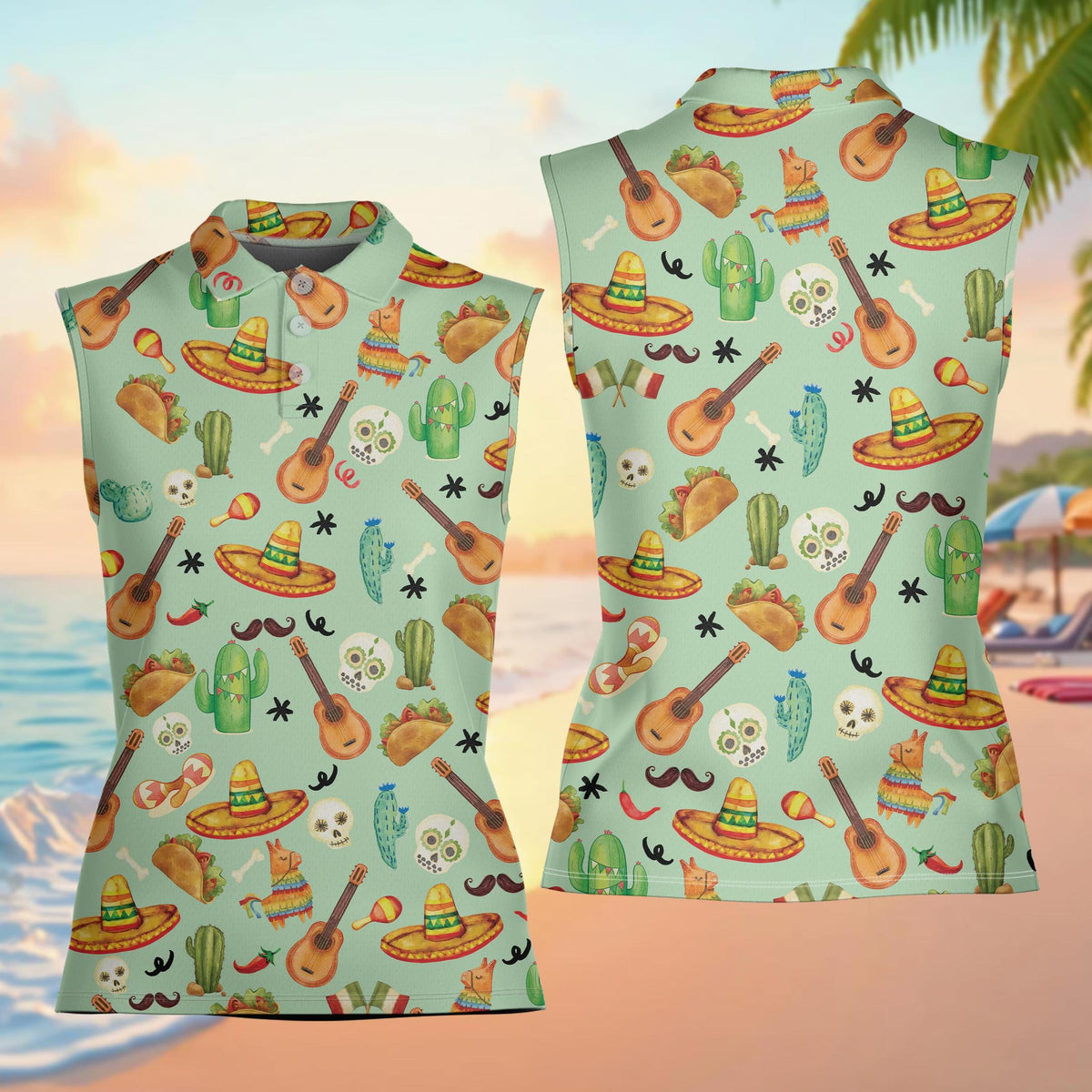 Front view of the matching family hawaiian shirts featuring tacos and sombreros