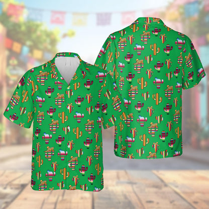 Green cinco de mayo hawaiian shirt front view with colorful cactus print