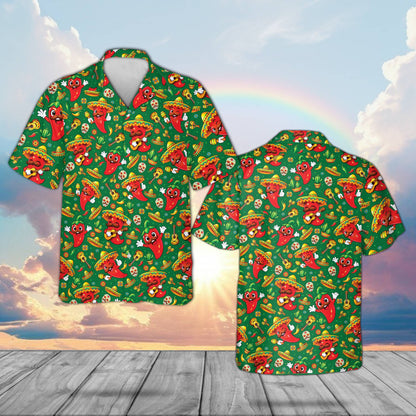 Green matching family hawaiian shirts with sugar skulls and cacti, front view