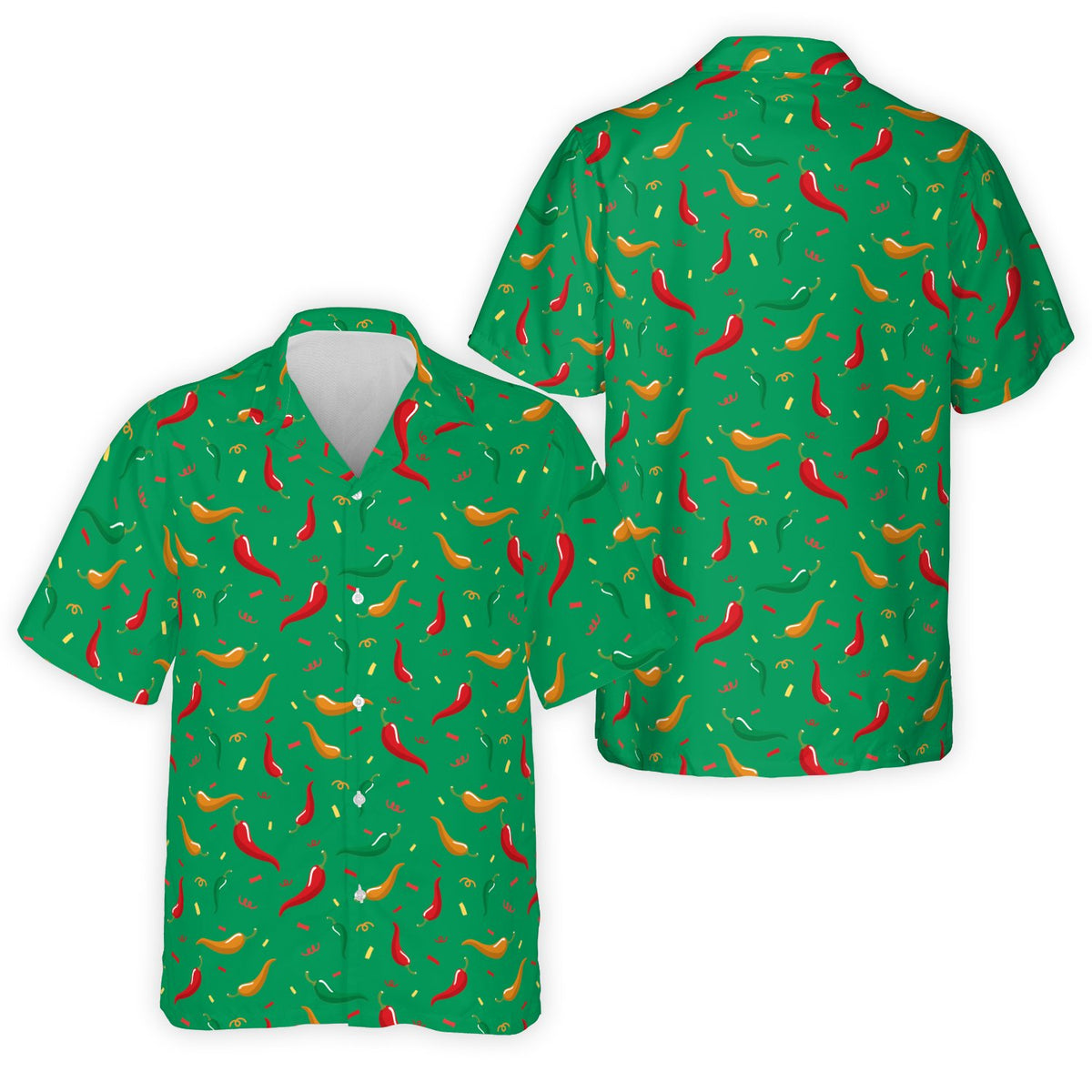 Green cinco de mayo hawaiian shirt with abstract chili pepper design, front view