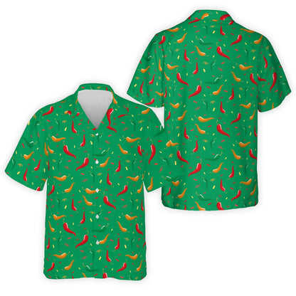 Green cinco de mayo hawaiian shirt with abstract chili pepper design, front view