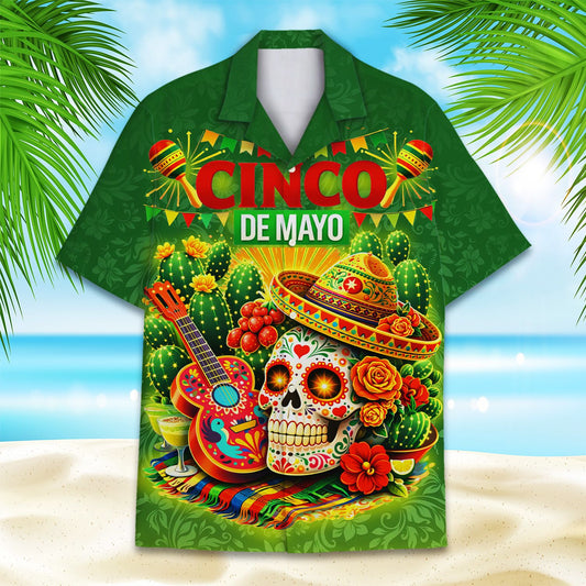 Green cinco de mayo hawaiian shirt with sugar skull and sombrero, main view