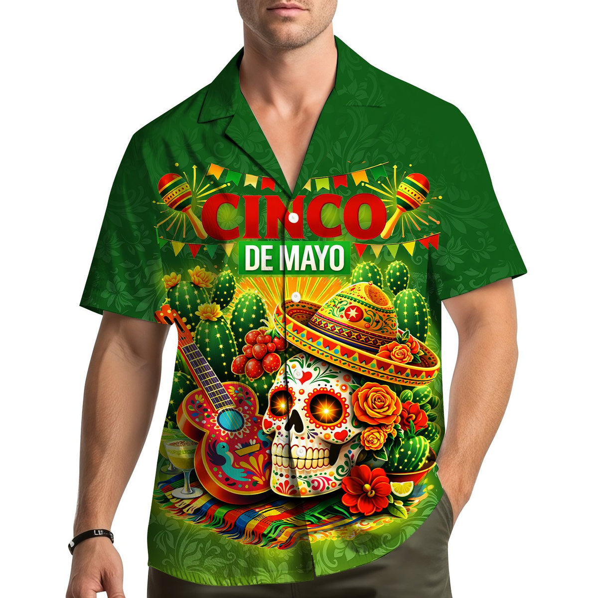 Lifestyle view of the green cinco de mayo hawaiian shirt worn outdoors