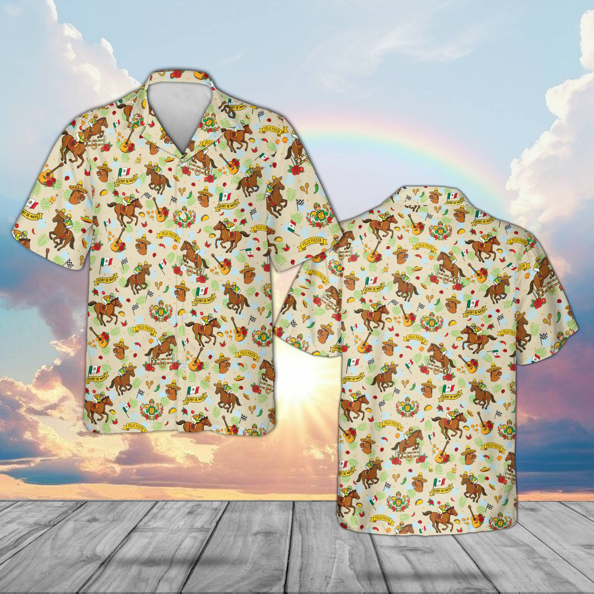 Front view of the beige Cinco de Mayo horse racing Hawaiian shirt