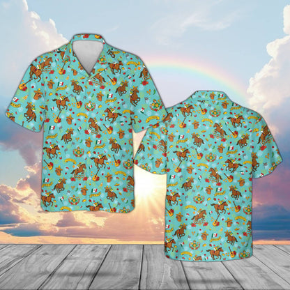 Front view of the teal Cinco de Mayo horse racing Hawaiian shirt
