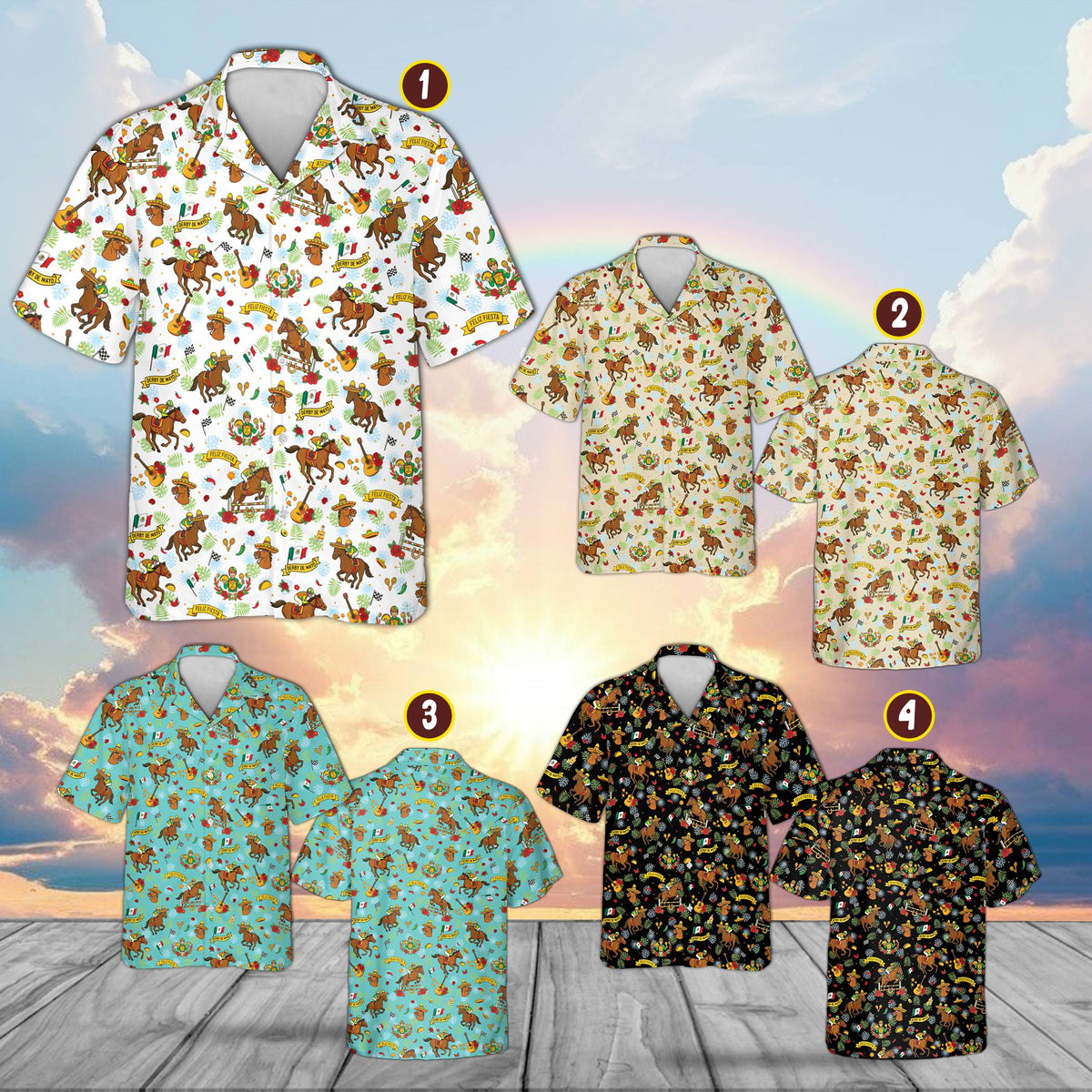 Detail view of the festive holiday Hawaiian shirt pattern with sombreros and horses