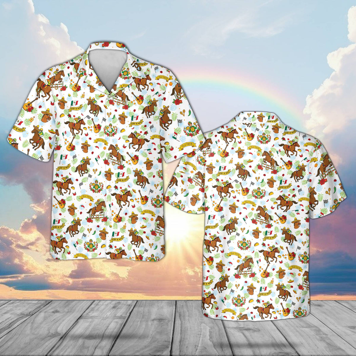 White matching family Hawaiian shirts featuring a Cinco de Mayo horse racing pattern