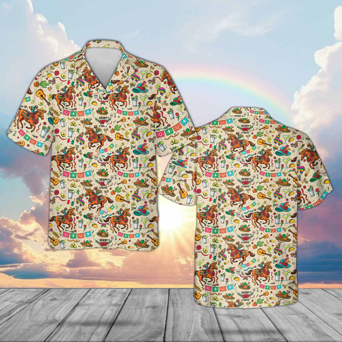 Matching family Cinco de Mayo Kentucky Derby Hawaiian shirt in beige, front view