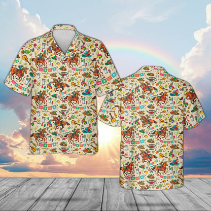 Matching family Cinco de Mayo Kentucky Derby Hawaiian shirt in beige, front view