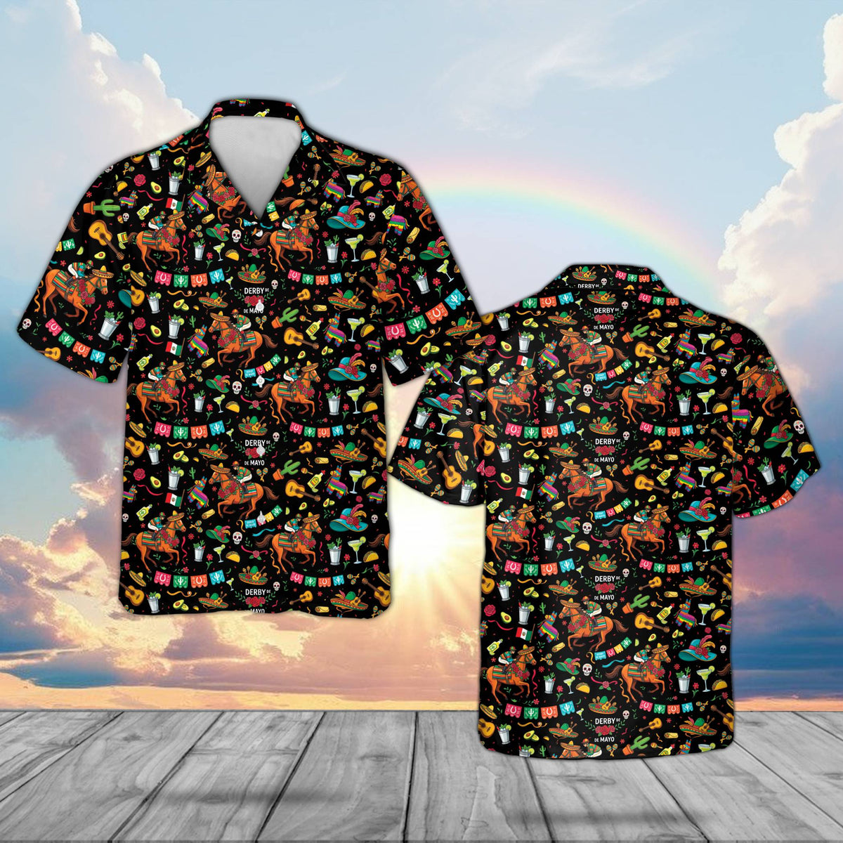 Matching family Cinco de Mayo Kentucky Derby Hawaiian shirt in black, front view