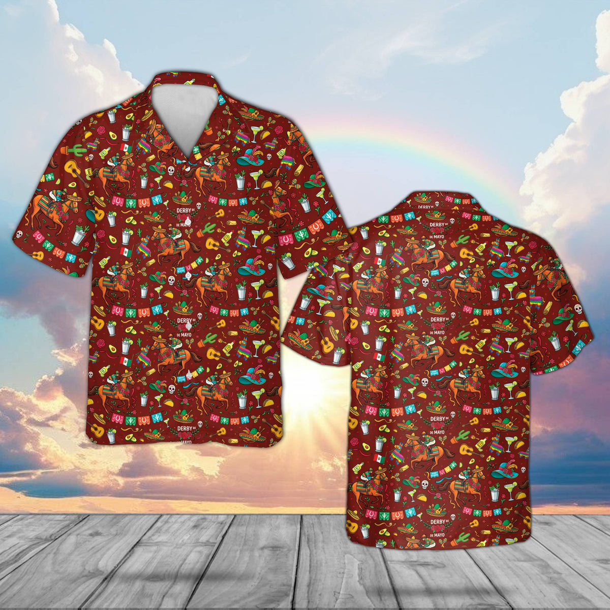 Matching family Cinco de Mayo Kentucky Derby Hawaiian shirt in maroon, front view