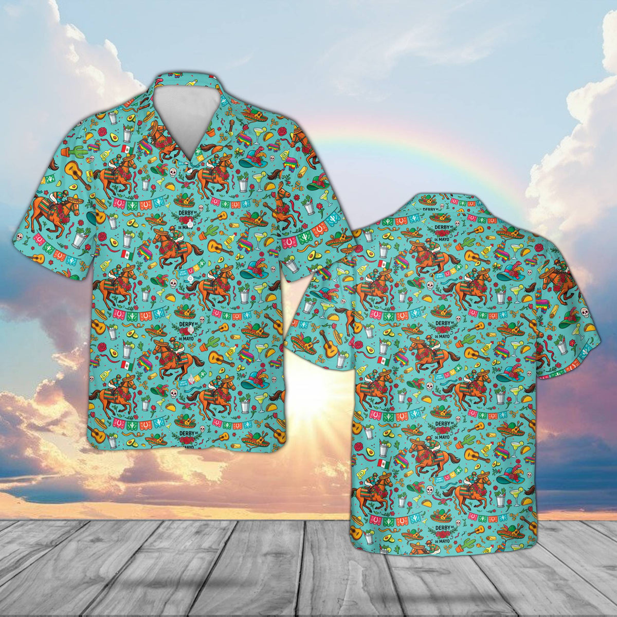 Matching family Cinco de Mayo Kentucky Derby Hawaiian shirt in teal, front view