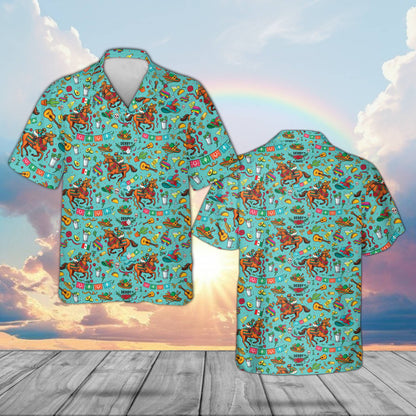 Matching family Cinco de Mayo Kentucky Derby Hawaiian shirt in teal, front view