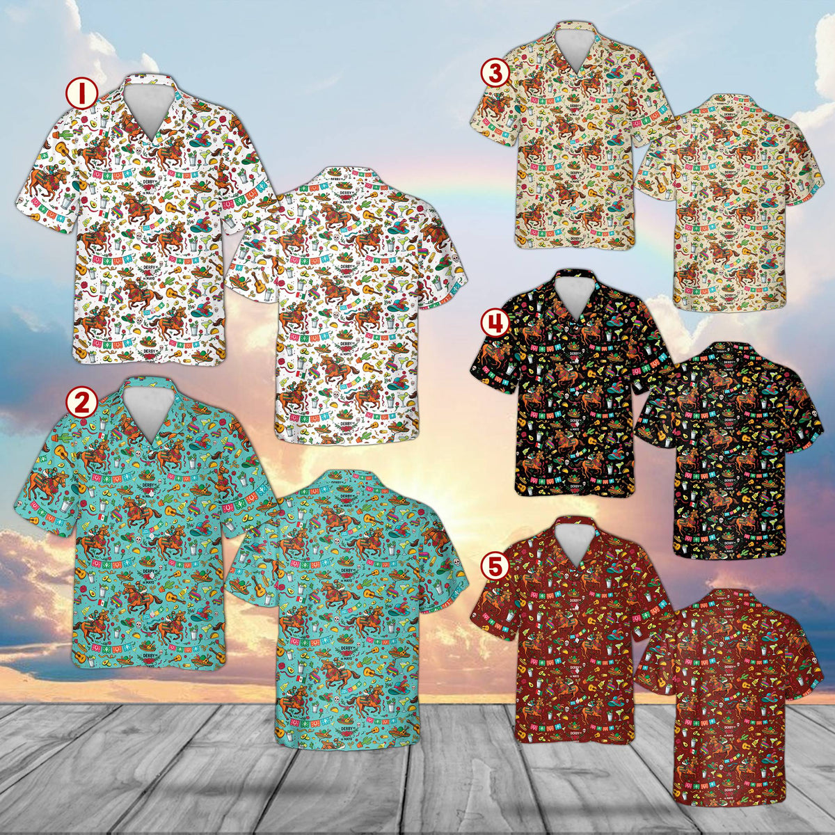 Close up view of the Derby de Mayo matching family Hawaiian shirt pattern