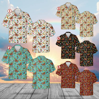 Close up view of the Derby de Mayo matching family Hawaiian shirt pattern