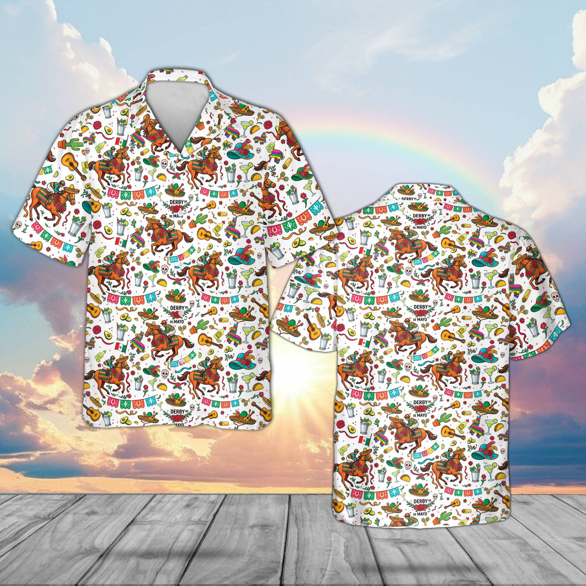 Matching family Cinco de Mayo Kentucky Derby Hawaiian shirt in white, front view