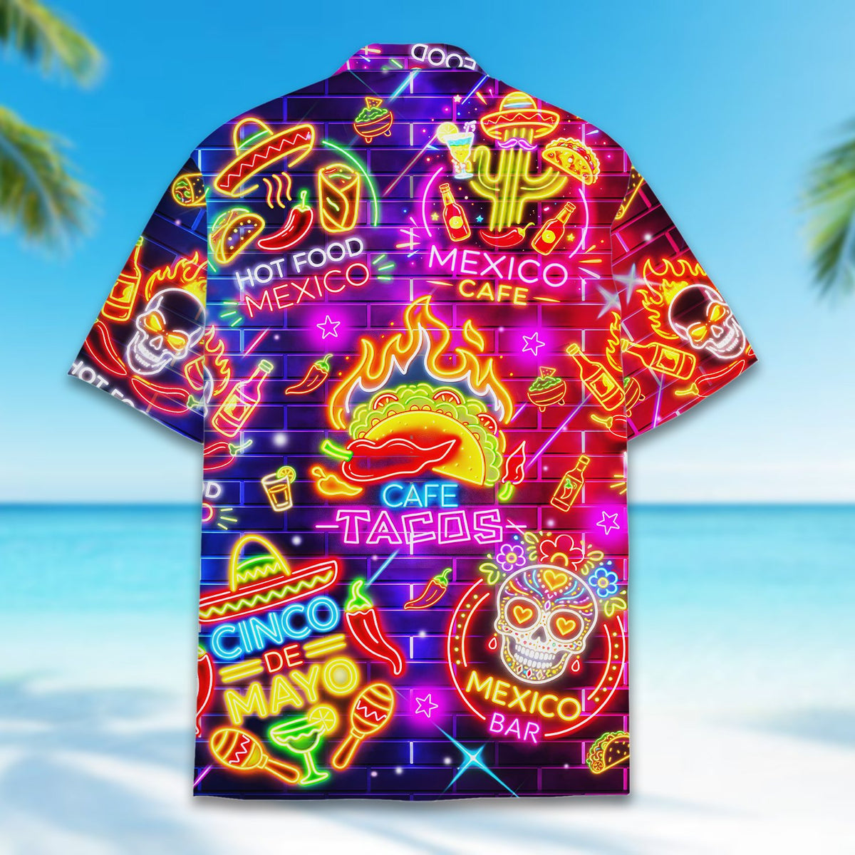 Detailed back view of the neon Cinco de Mayo matching family hawaiian shirt