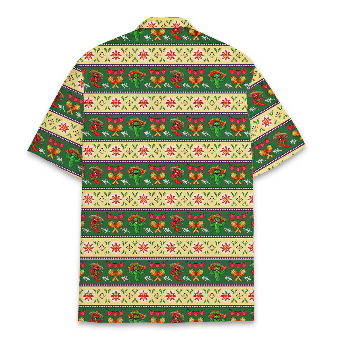 Back view of the matching family hawaiian shirt with festive stripes and maracas