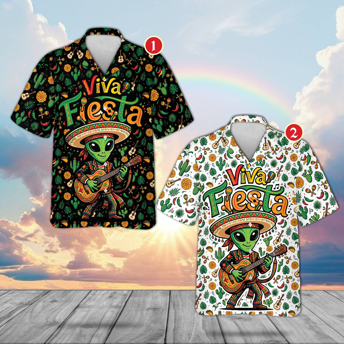 Multicolor matching family hawaiian shirts with alien and fiesta motif, front view.