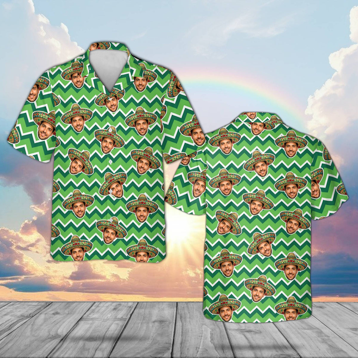 Matching family hawaiian shirts in cinco de mayo design, front view