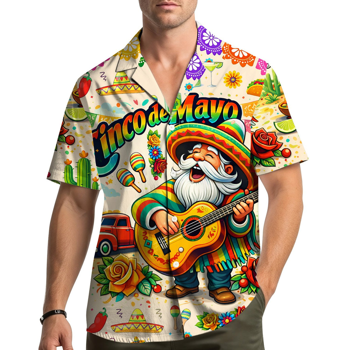 Detailed front view of the festive holiday hawaiian shirt