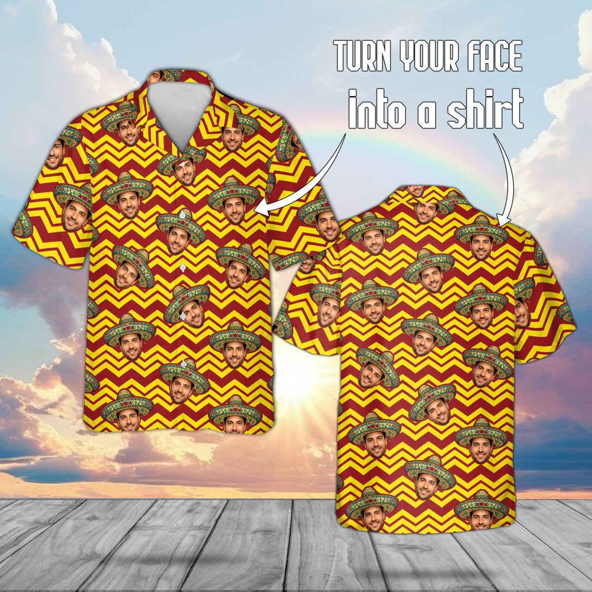 Custom name and number hawaiian shirt with face and sombrero pattern, front view