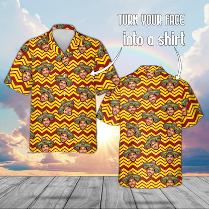Custom name and number hawaiian shirt with face and sombrero pattern, front view