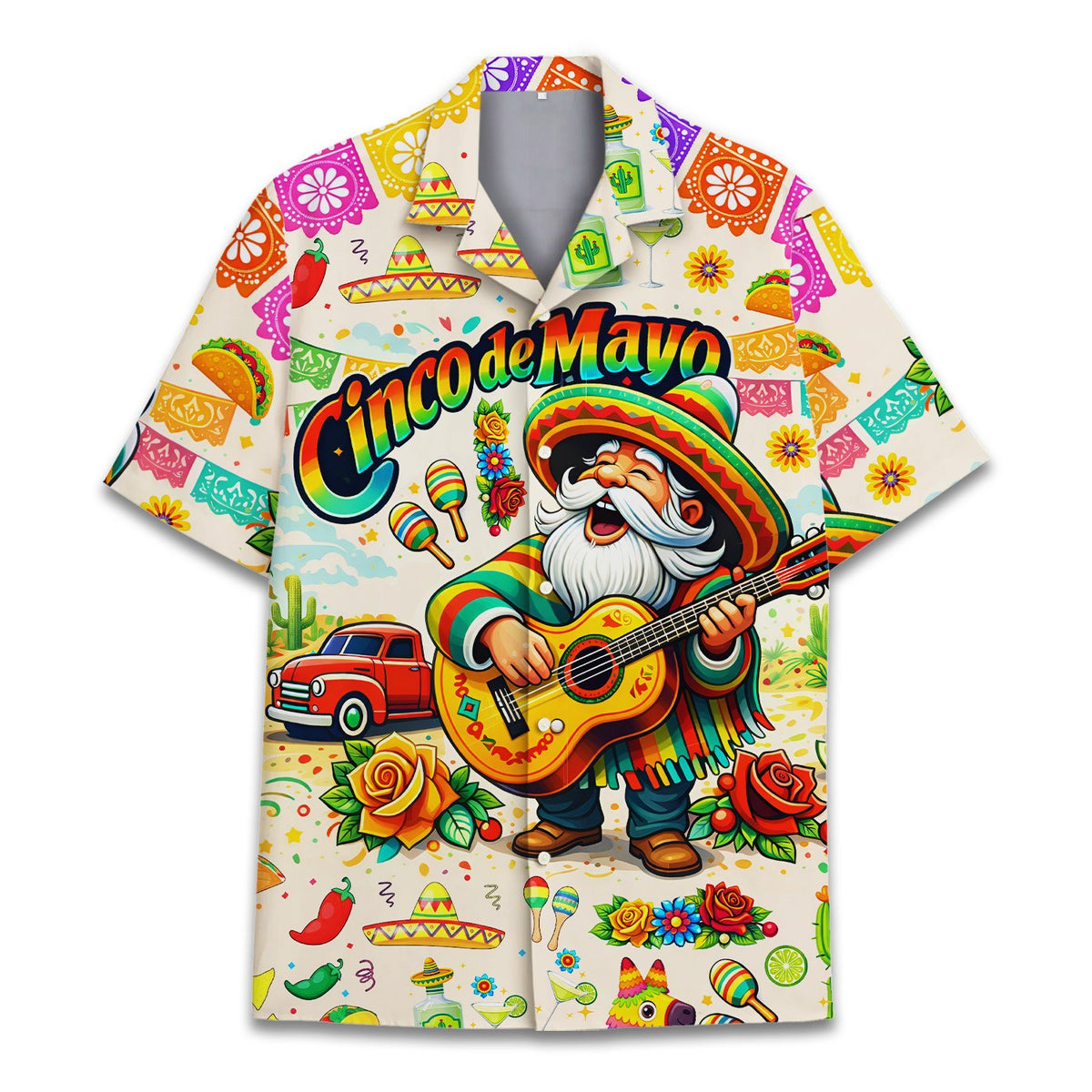 Close up front view of the colorful Cinco de Mayo button-up shirt