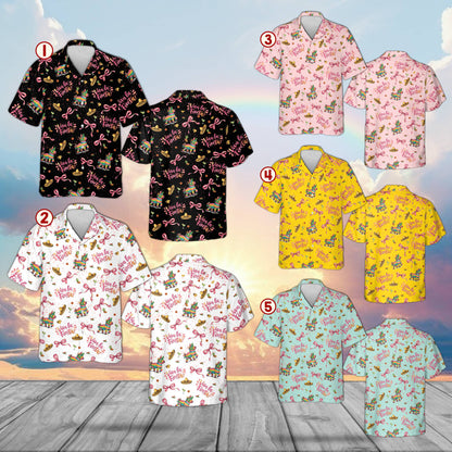 Multicolor matching hawaiian shirts for family featuring a fiesta theme, front view