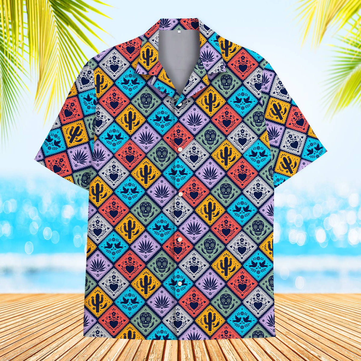 Multicolor cinco hawaiian shirt featuring Mexican tile motifs, main front view