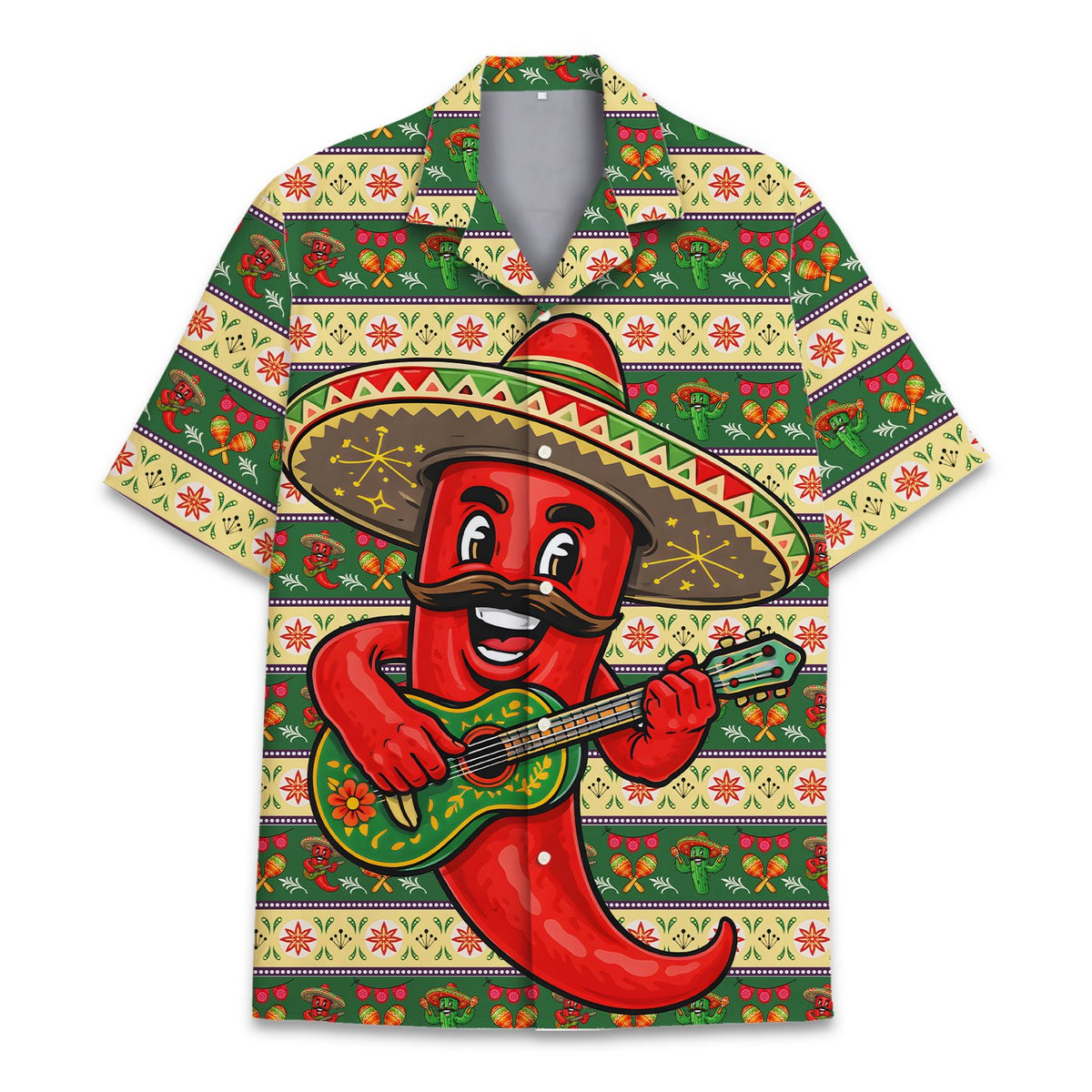 Front view of the vibrant cinco de mayo hawaiian shirt featuring a chili pepper playing guitar