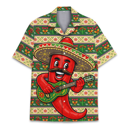 Front view of the vibrant cinco de mayo hawaiian shirt featuring a chili pepper playing guitar