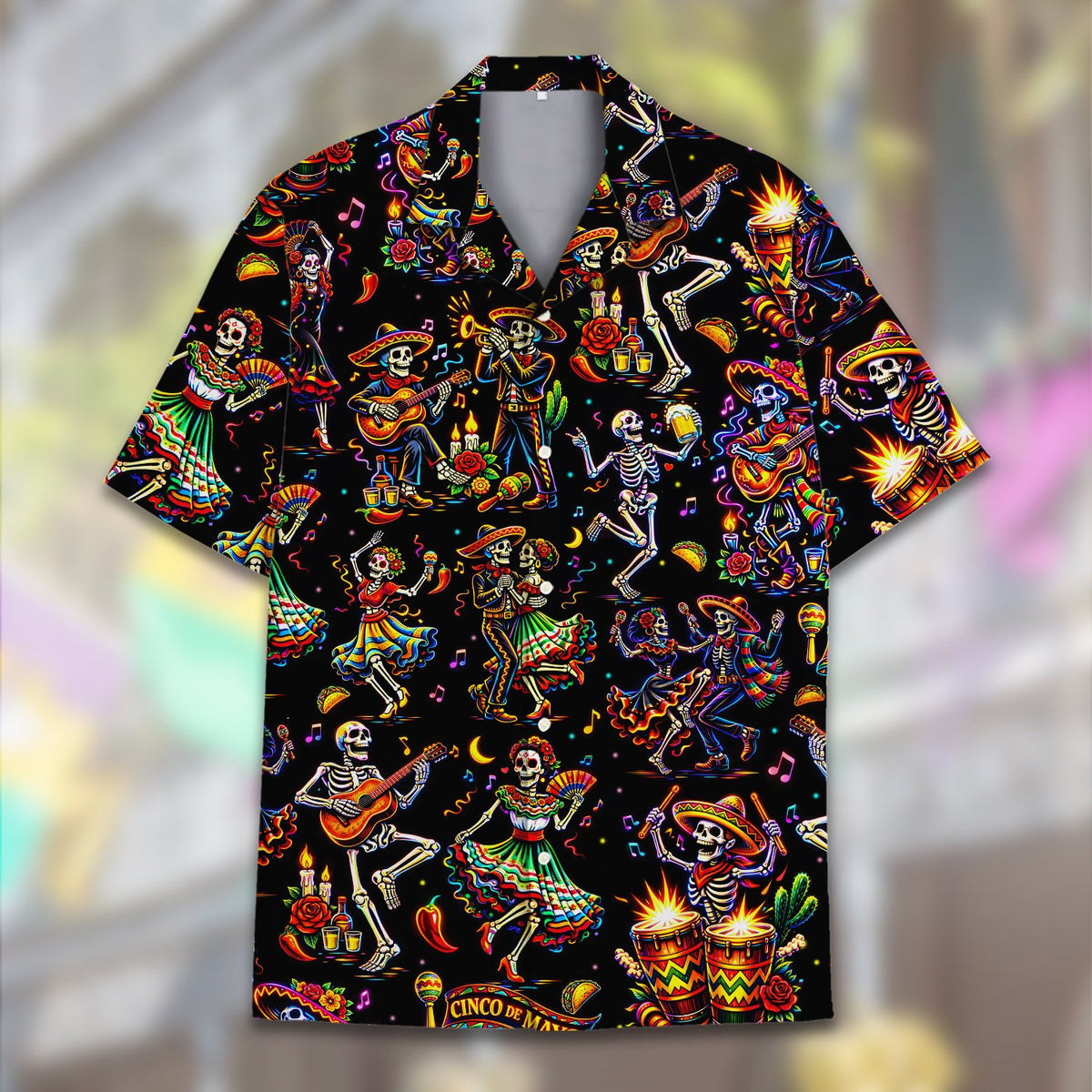 Front view of the colorful skeleton and floral print holiday hawaiian shirt