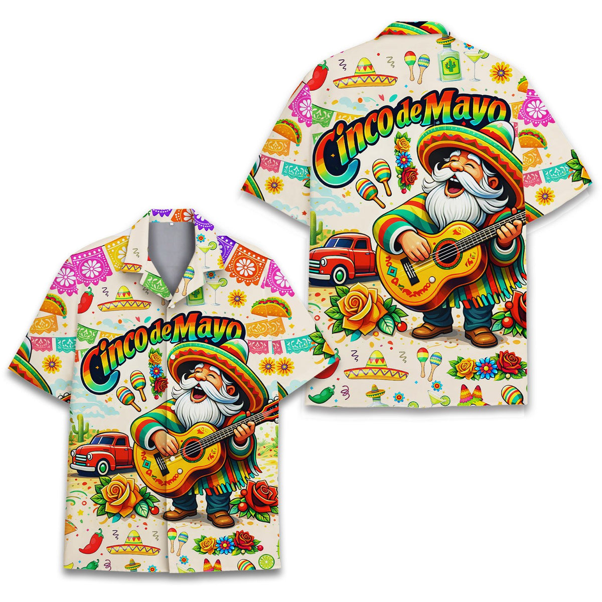 Cinco de Mayo Hawaiian shirt showing an all-over print with maracas and tacos, front view