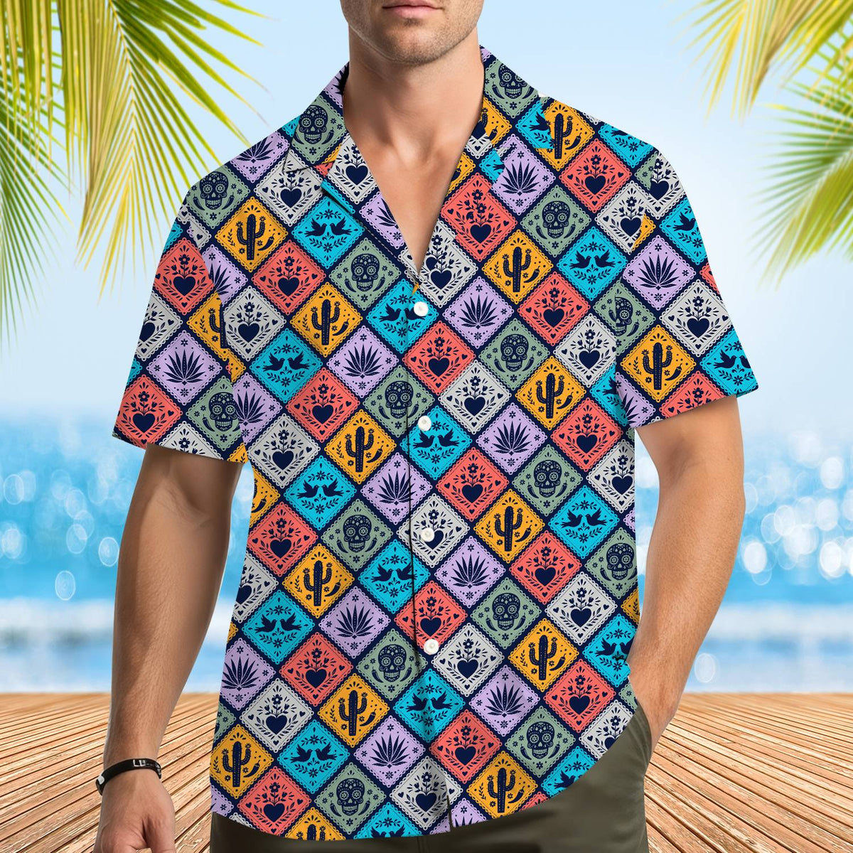 Second lifestyle shot showing the colorful cinco hawaiian shirt