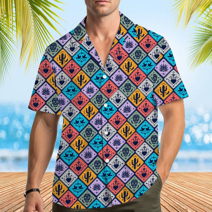 Second lifestyle shot showing the colorful cinco hawaiian shirt