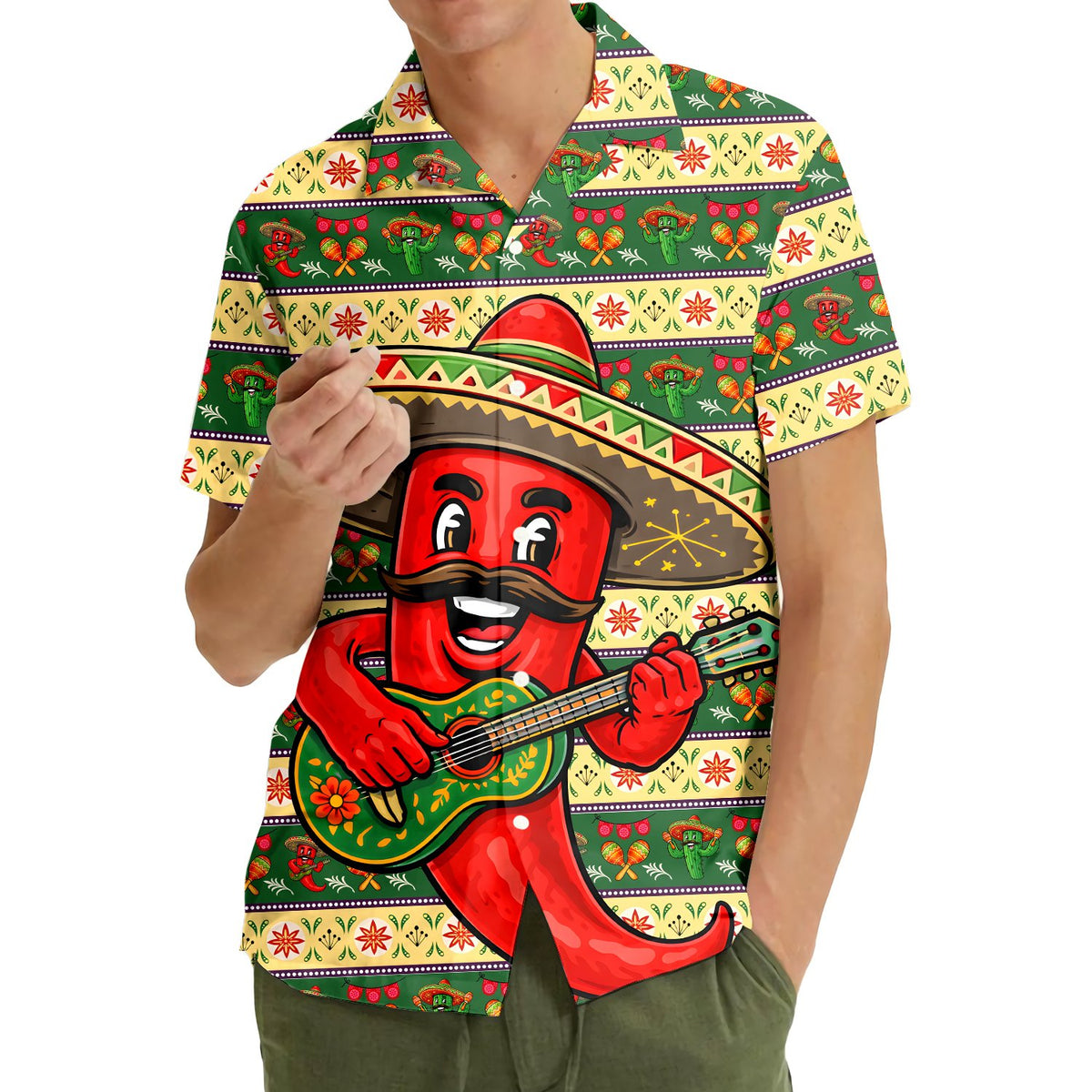 Another lifestyle view showing the bright red and green colors of the shirt
