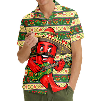 Another lifestyle view showing the bright red and green colors of the shirt