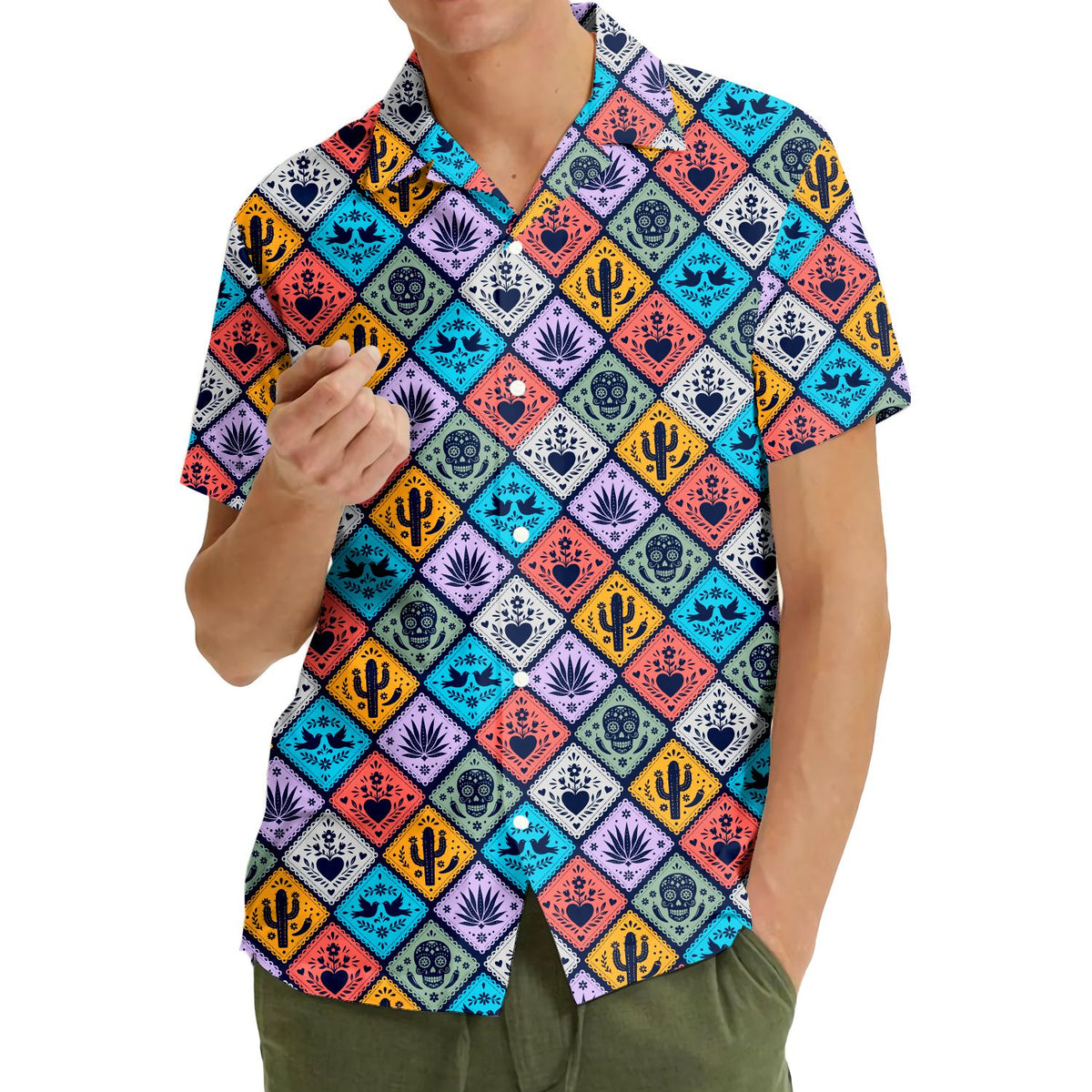 Third lifestyle perspective of the vibrant Mexican motif shirt