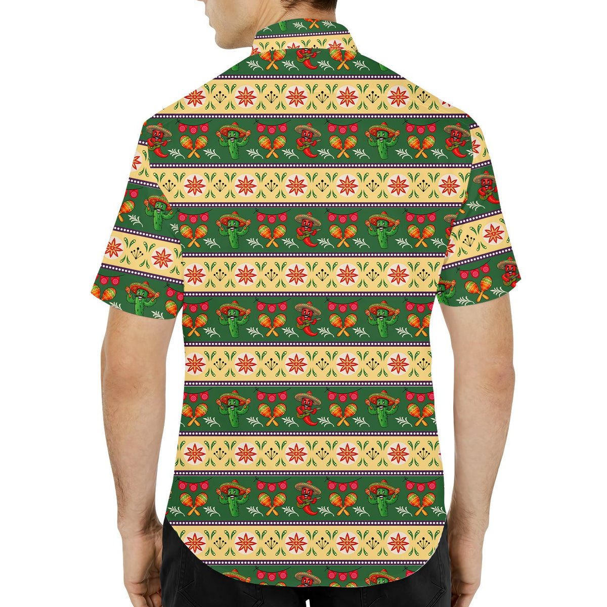 Third lifestyle view demonstrating the fit and vibrant pattern of the fiesta shirt