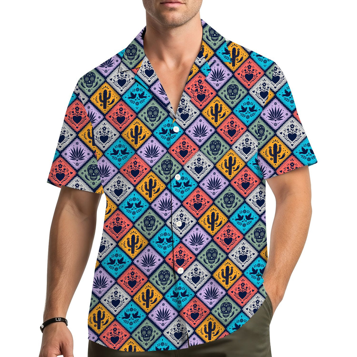 Lifestyle view of an adult wearing the matching family hawaiian shirt
