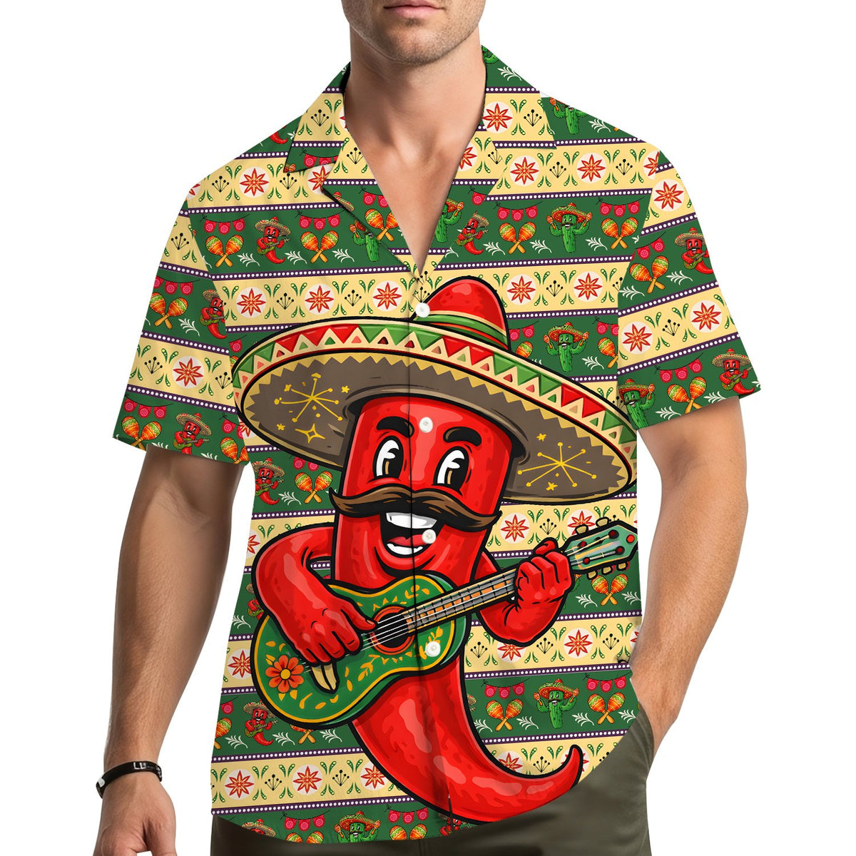 Lifestyle shot of someone wearing the family matching hawaiian shirt at a gathering