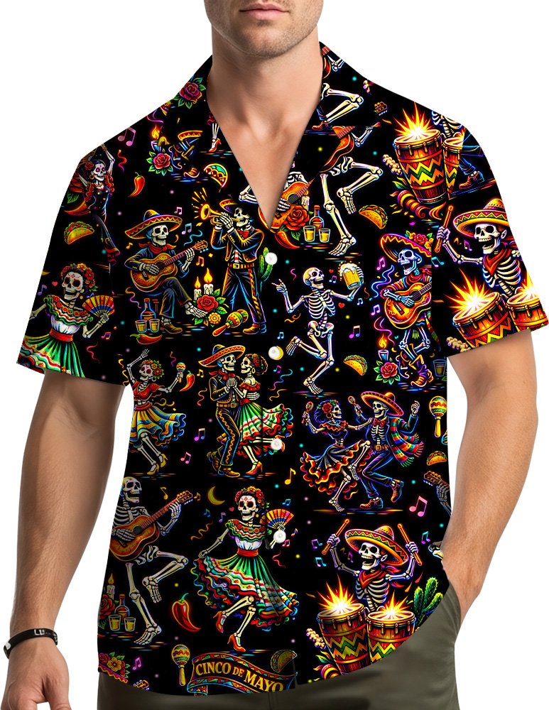 Lifestyle view of a person wearing the festive black and multicolor hawaiian shirt