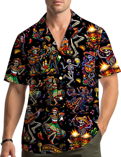 Lifestyle view of a person wearing the festive black and multicolor hawaiian shirt
