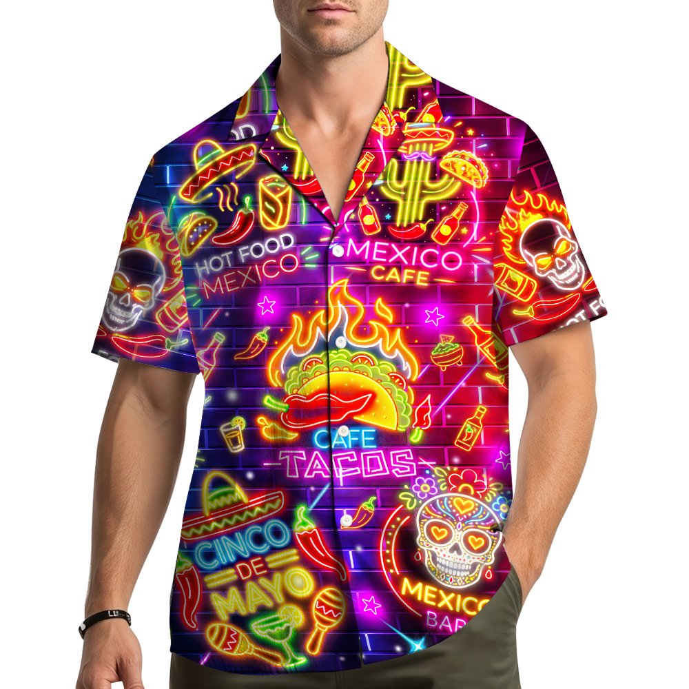 Lifestyle view of people wearing the matching family hawaiian shirts with neon graphics