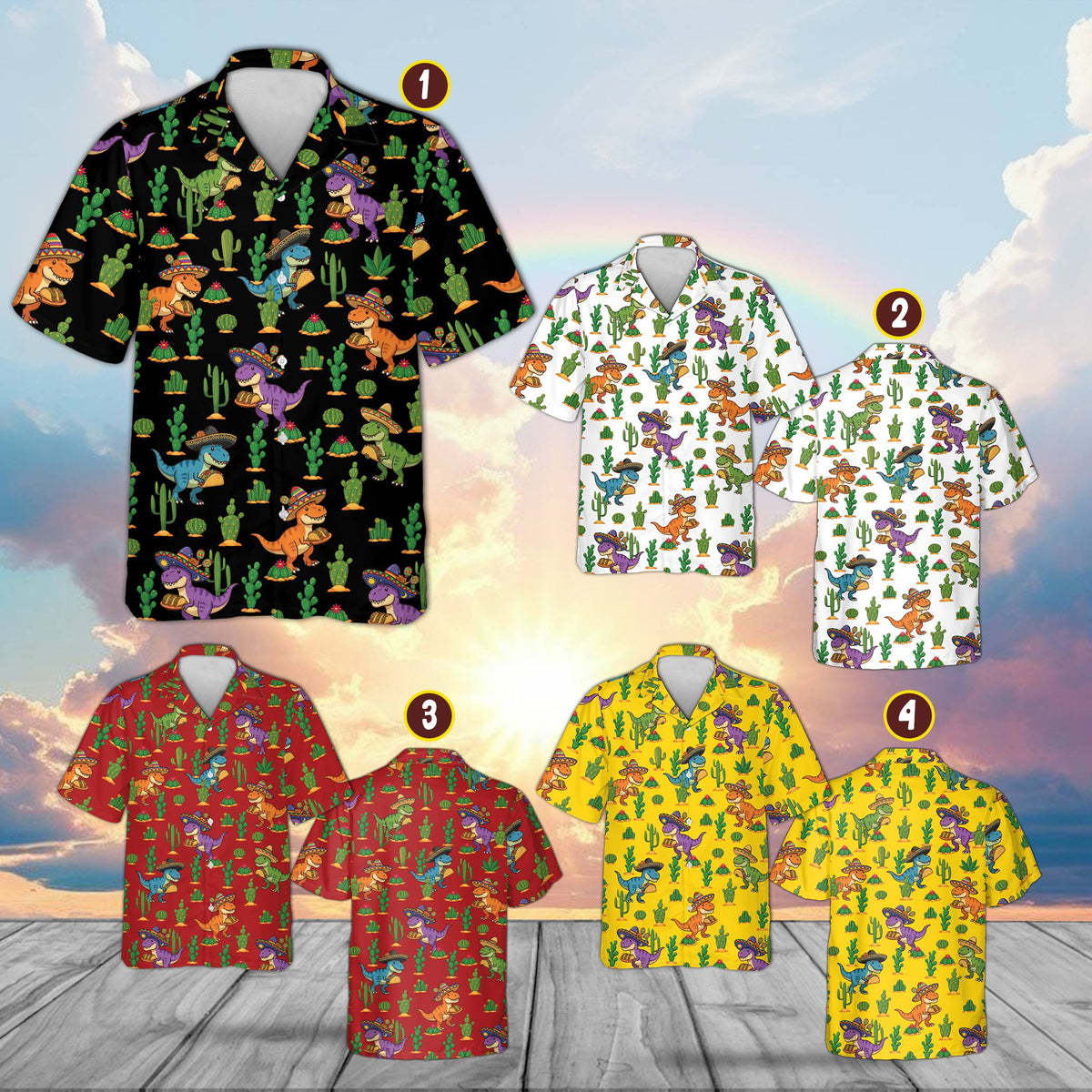 Multicolor view of matching family hawaiian shirts with T-Rex and cactus pattern