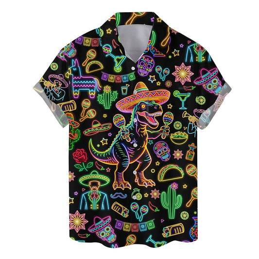 Cinco de Mayo neon dinosaur Hawaiian shirt with T-Rex and neon icons on black, main view